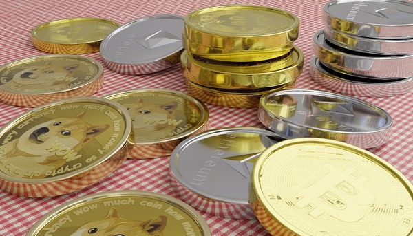 Cryptocurrency coins representing the exchange quote